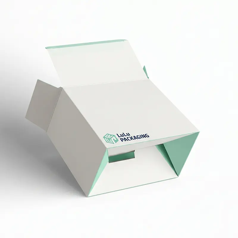 White auto lock bottom cosmetic packaging box with secure structure and LuLu Packaging branding